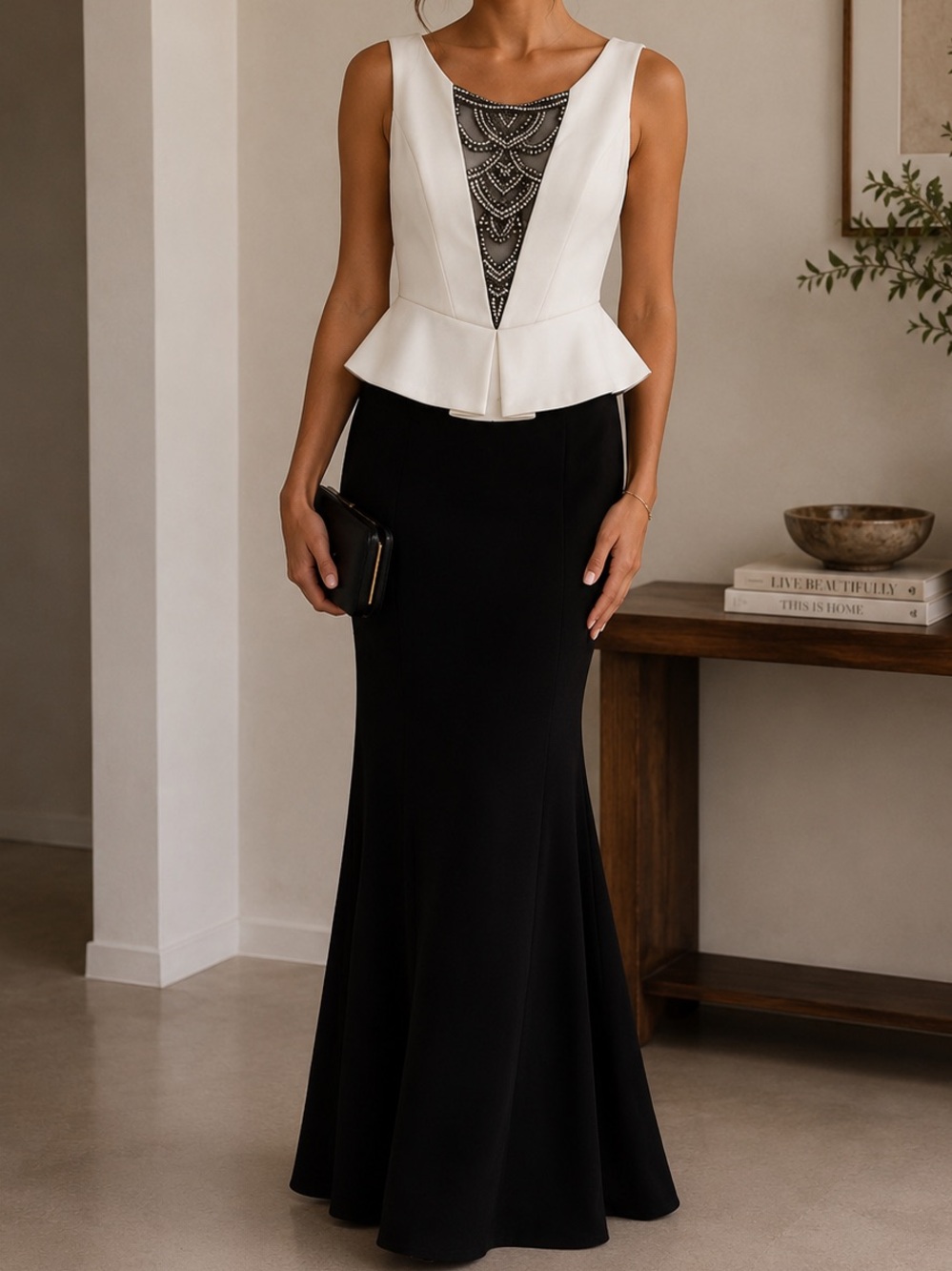 NWT Vintage Quix Black and White Beaded Peplum Gown